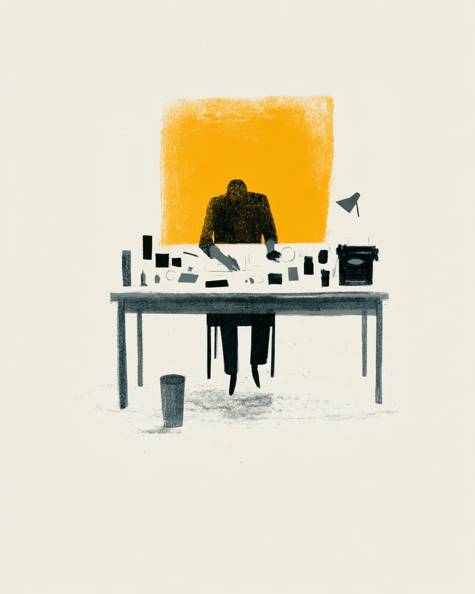 Illustration eines Mannes am Schreibtisch mit orangefarbenem Hintergrund. Büroarbeit