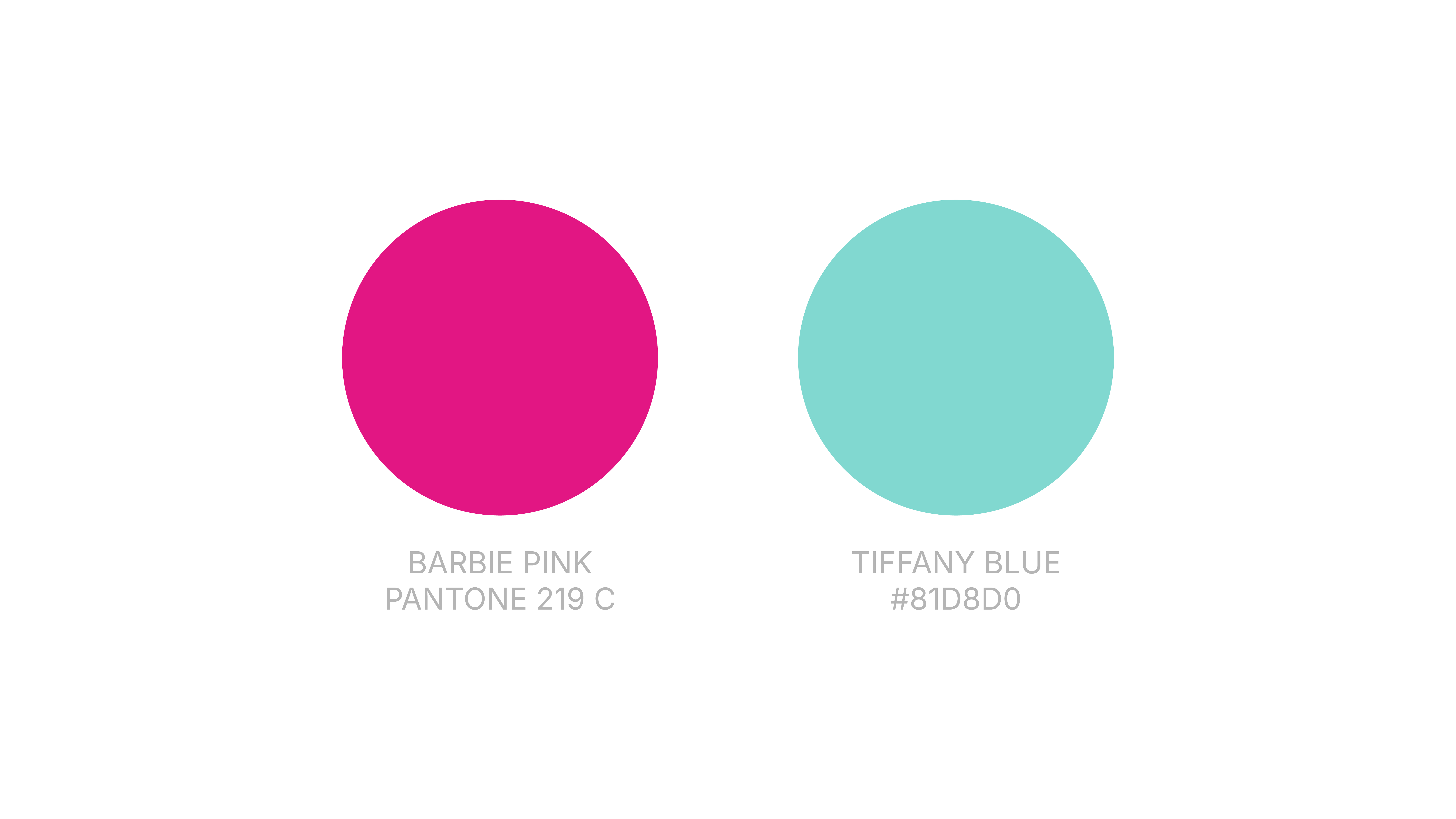 Pink and blue color swatches labeled Barbie Pink Pantone 219 C and Tiffany Blue #81D8D0.