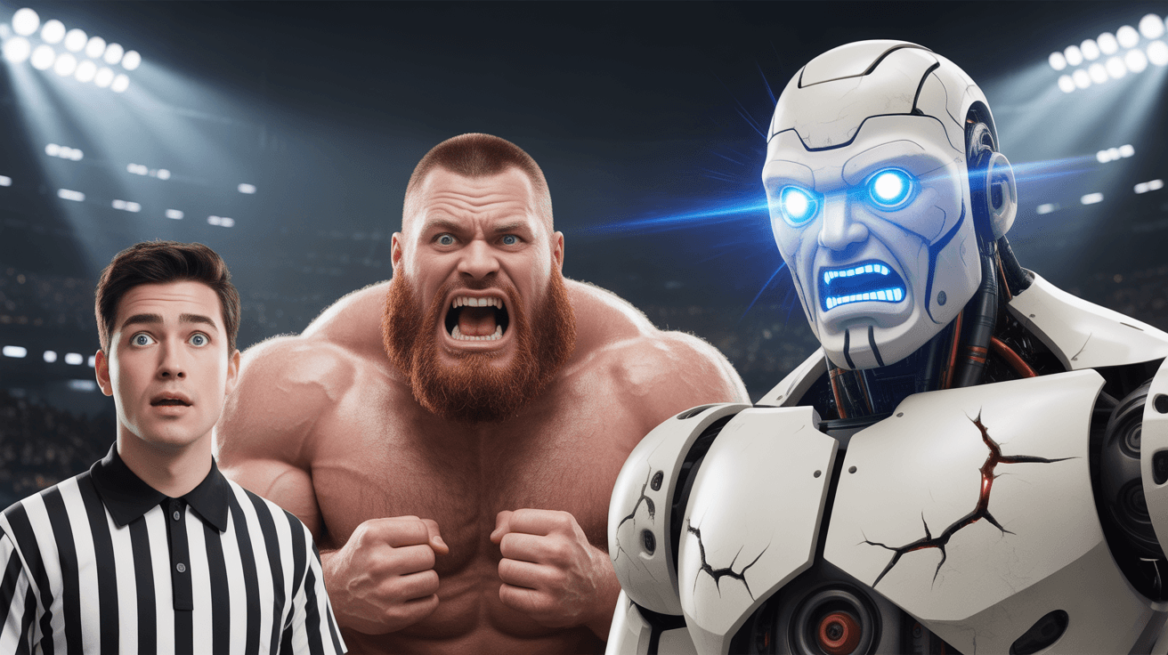 MrBeast-style vs battle thumbnail with strongest man facing a damaged glowing-eyed robot