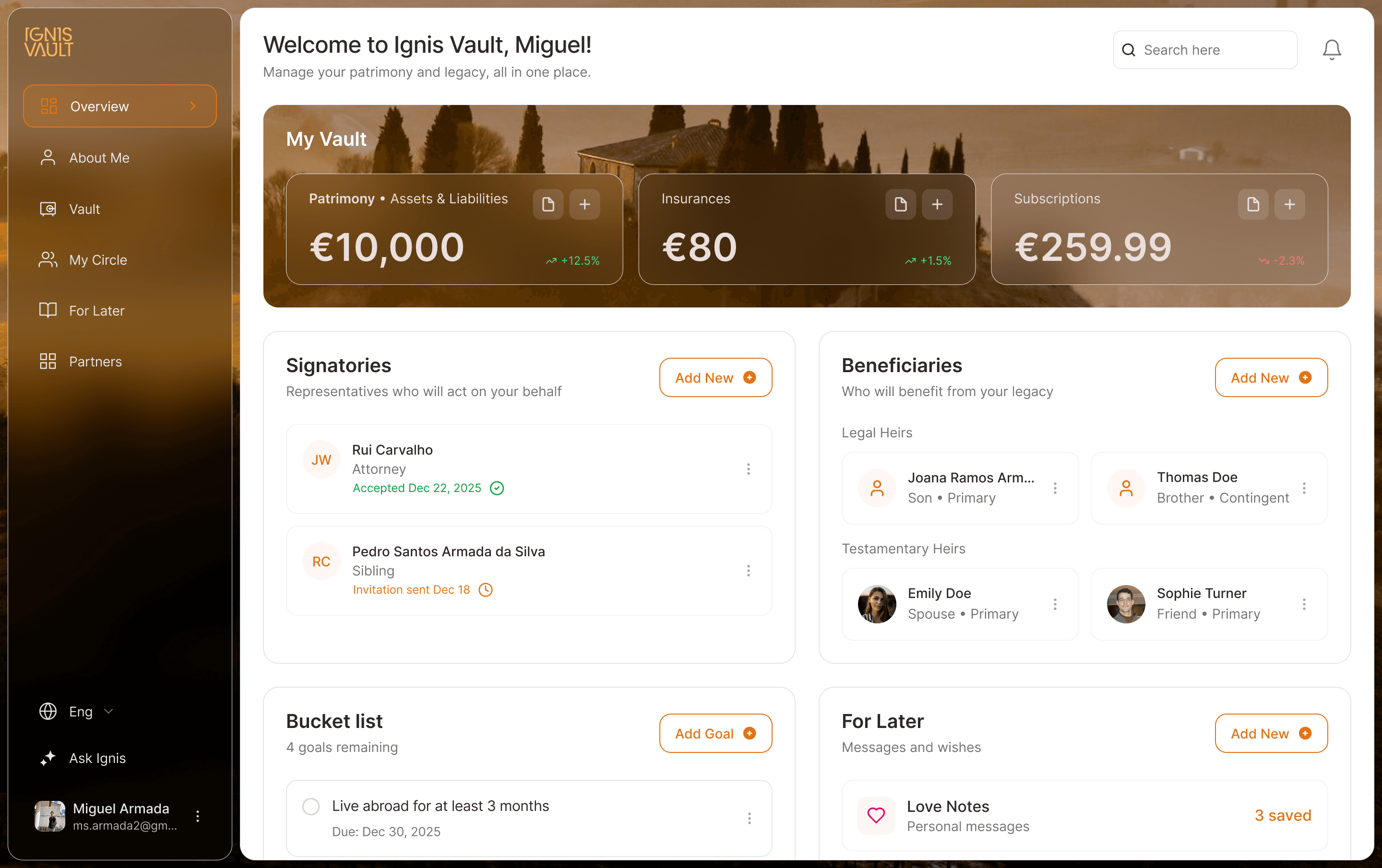 Ignis Vault overview dashboard page.