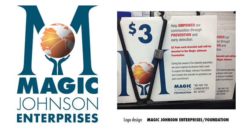 A logo design and a set of calling cards with the same logo which is a blue M with a yellow globe held by hands and text: Magic Johnson Enterprises.