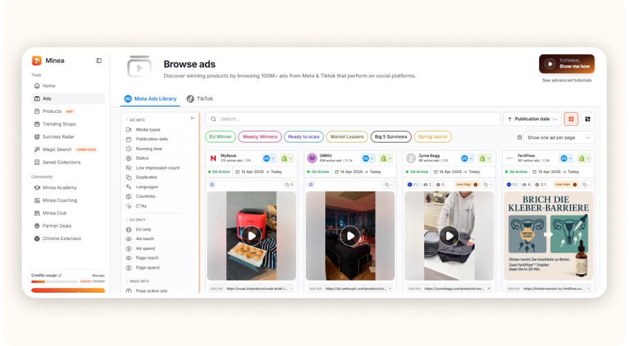 Dashboard interface showing ads browsing platform with filters and product listings