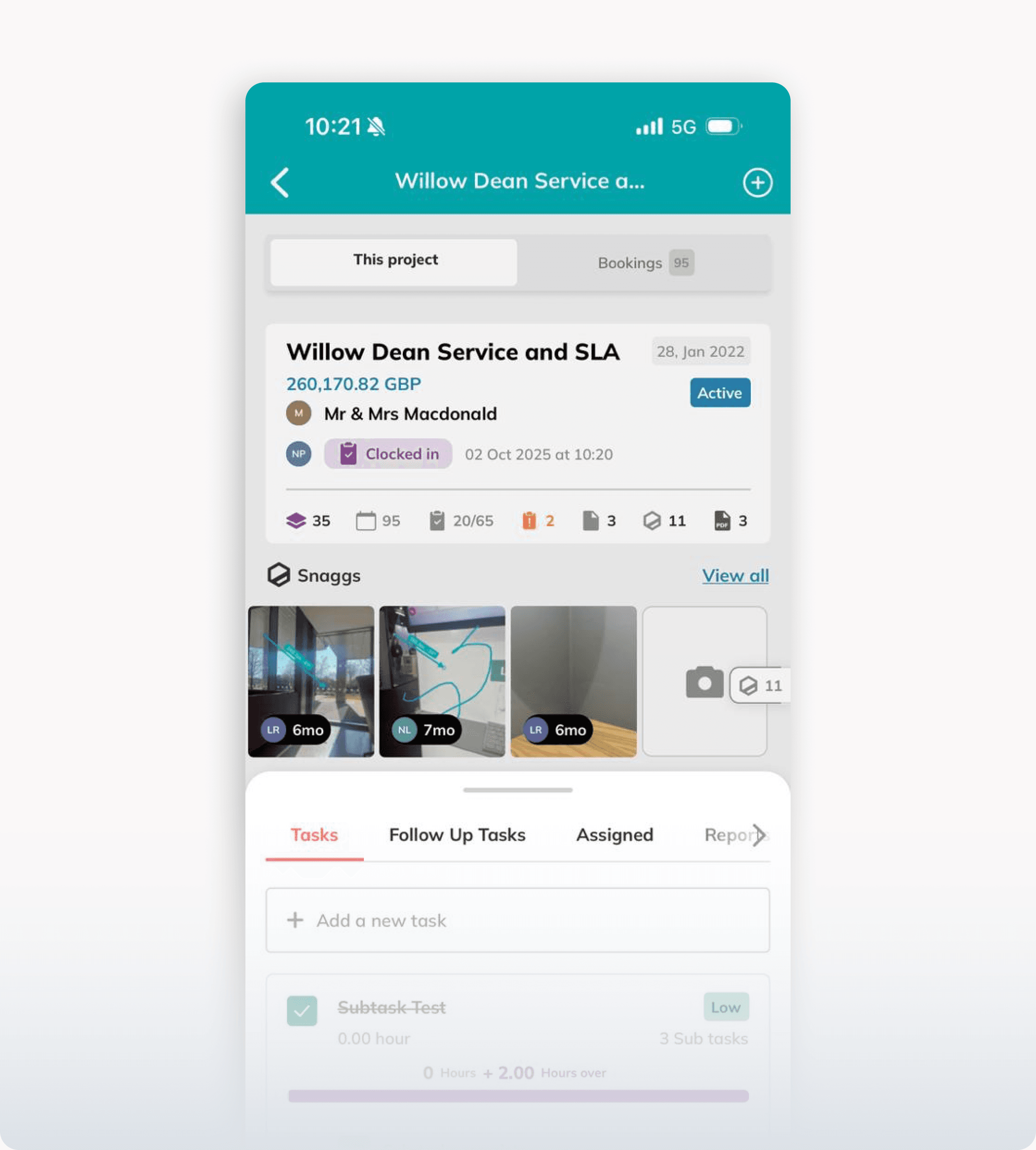 Snagg app screenshot displaying project details including site address, contact information, and job status