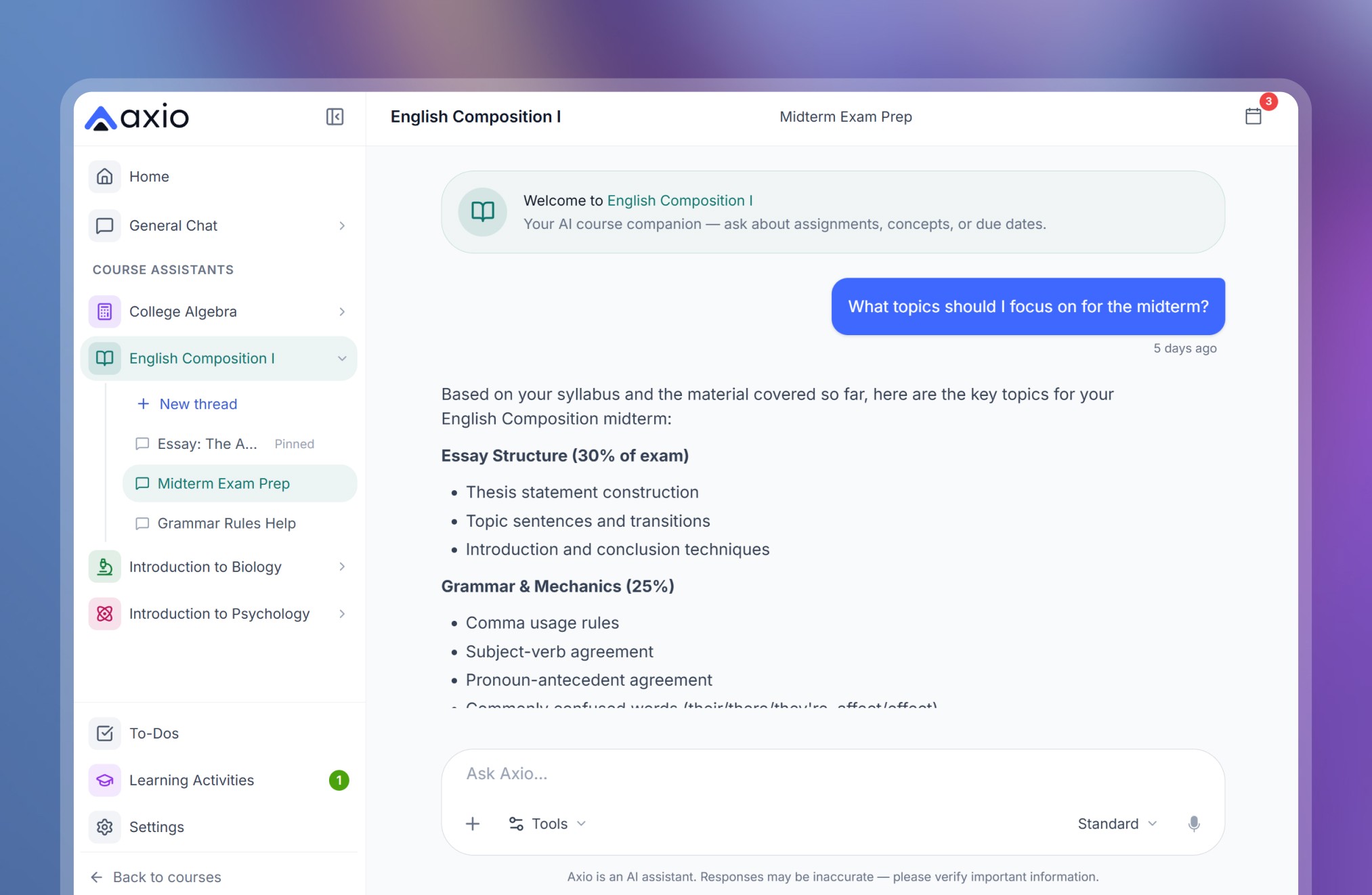 Axio’s Course Builder interface showing drag-and-drop tools and a sample cybersecurity course with modules, assignments, and interactive learning experiences.