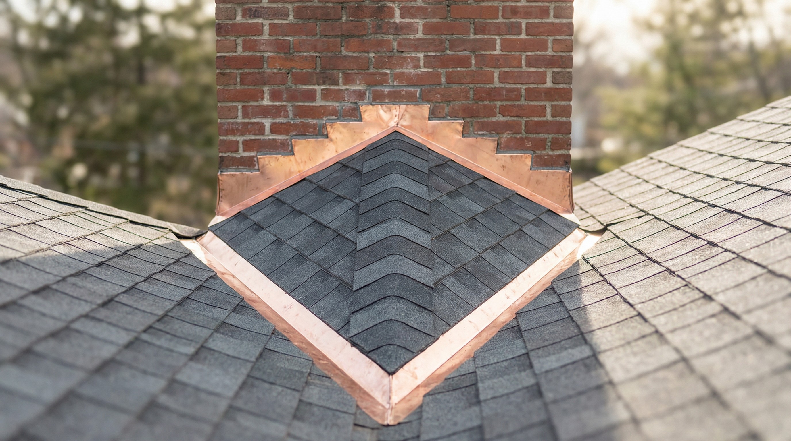 Close-up view of a roof with a brick chimney and copper flashing. The roof is shingled in gray asphalt shingles.