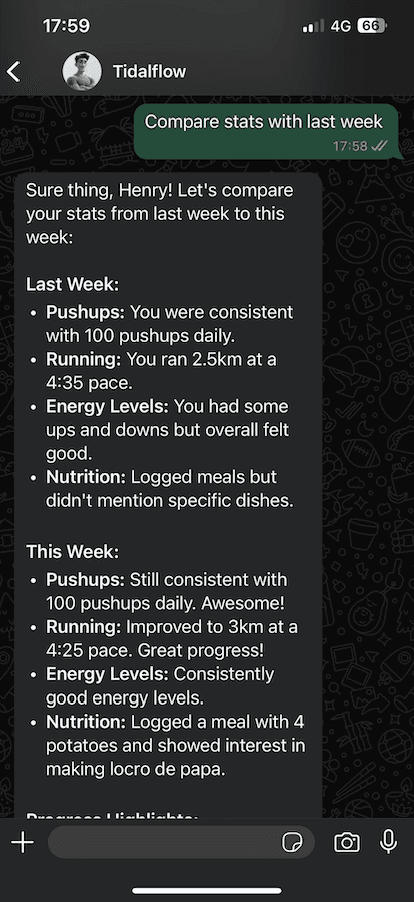 Tidalflow progress tracking interface displaying wellness metrics and improvements over time