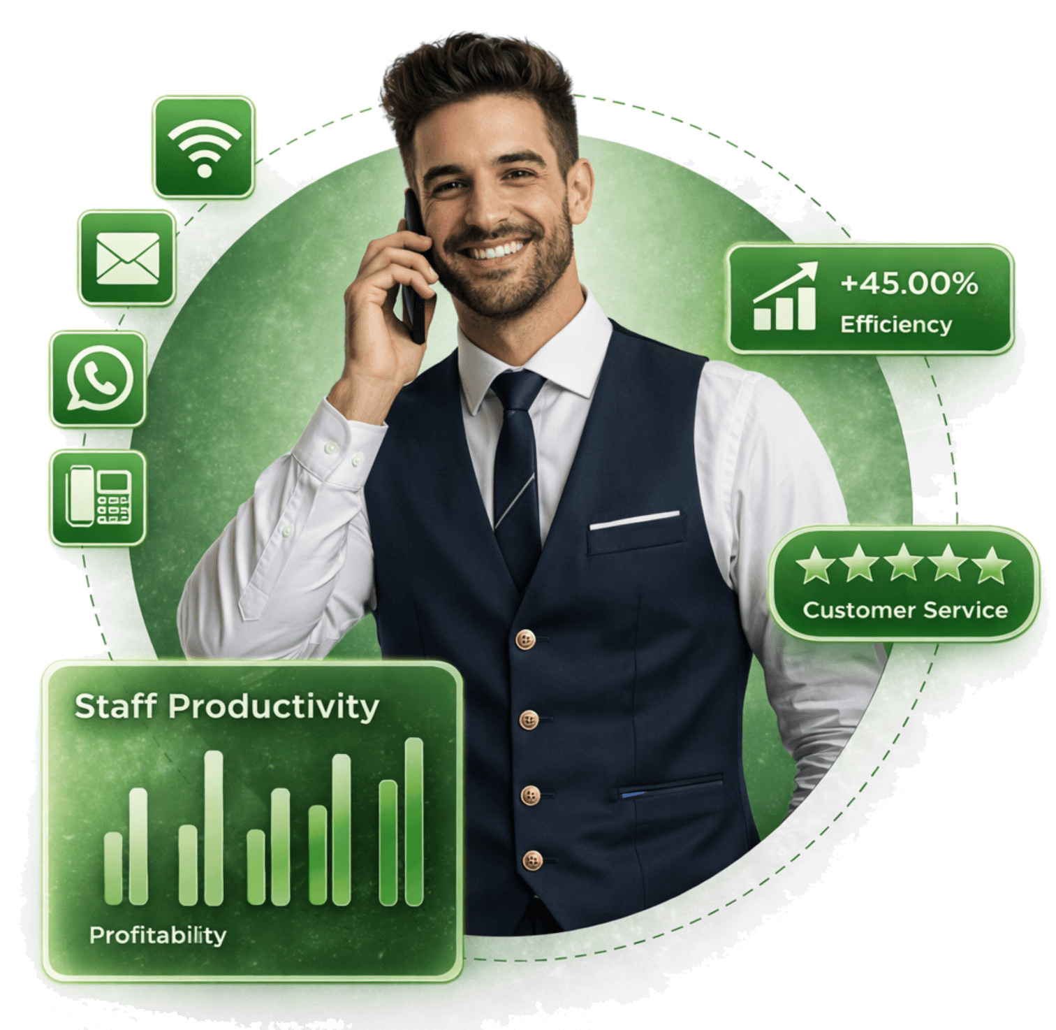 Hotel staff on phone with green producticity icons around him