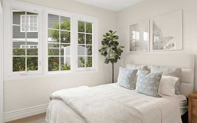 Professionally staged bedroom with white bedding and a fiddle-leaf fig