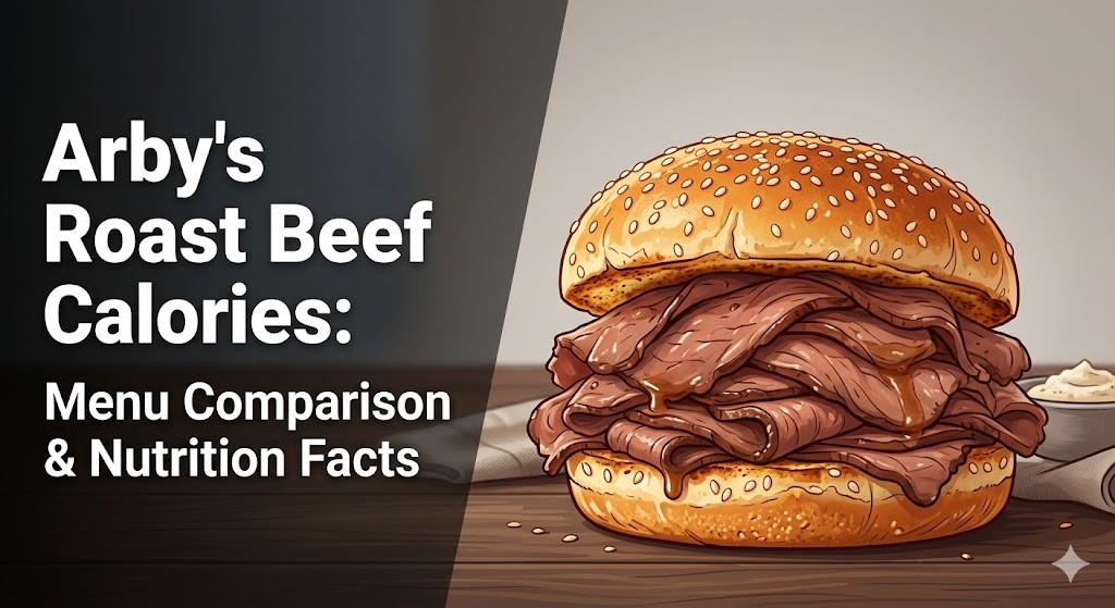 A cartoon illustration of a classic Arby's roast beef sandwich with a sesame seed bun, featuring a dark text overlay detailing "Arby's Roast Beef Calories: Menu Comparison & Nutrition Facts."