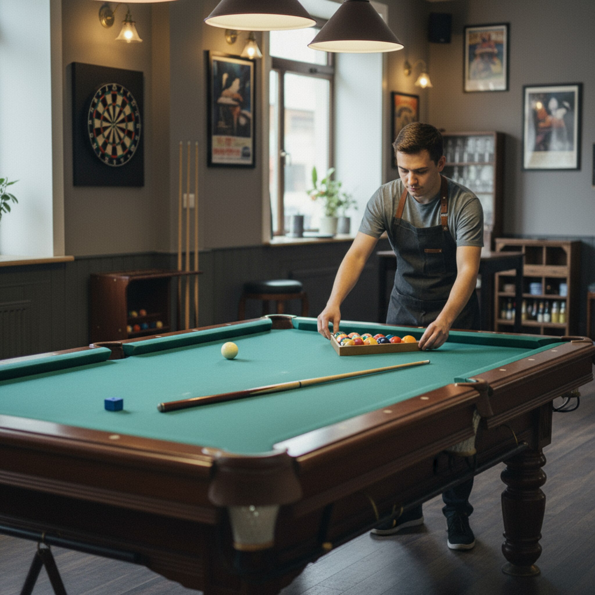 Ein leergewordener Billardtisch wird rasch neu vorbereitet, frisches Dreieck setzt das Rack, die Kugeln klicken leise zusammen. Ein Mitarbeiter hängt eine diskrete Tischnummer an den Rand. Nebenan wartet ein freies Dartboard im Halbdunkel. Alles ist ruhig, klar strukturiert und bereit zur nächsten Runde.