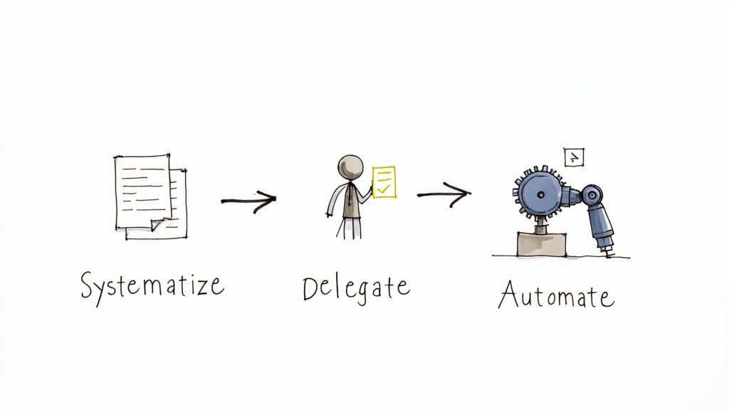 A flowchart showing the Systematize, Delegate, Automate framework for operational efficiency