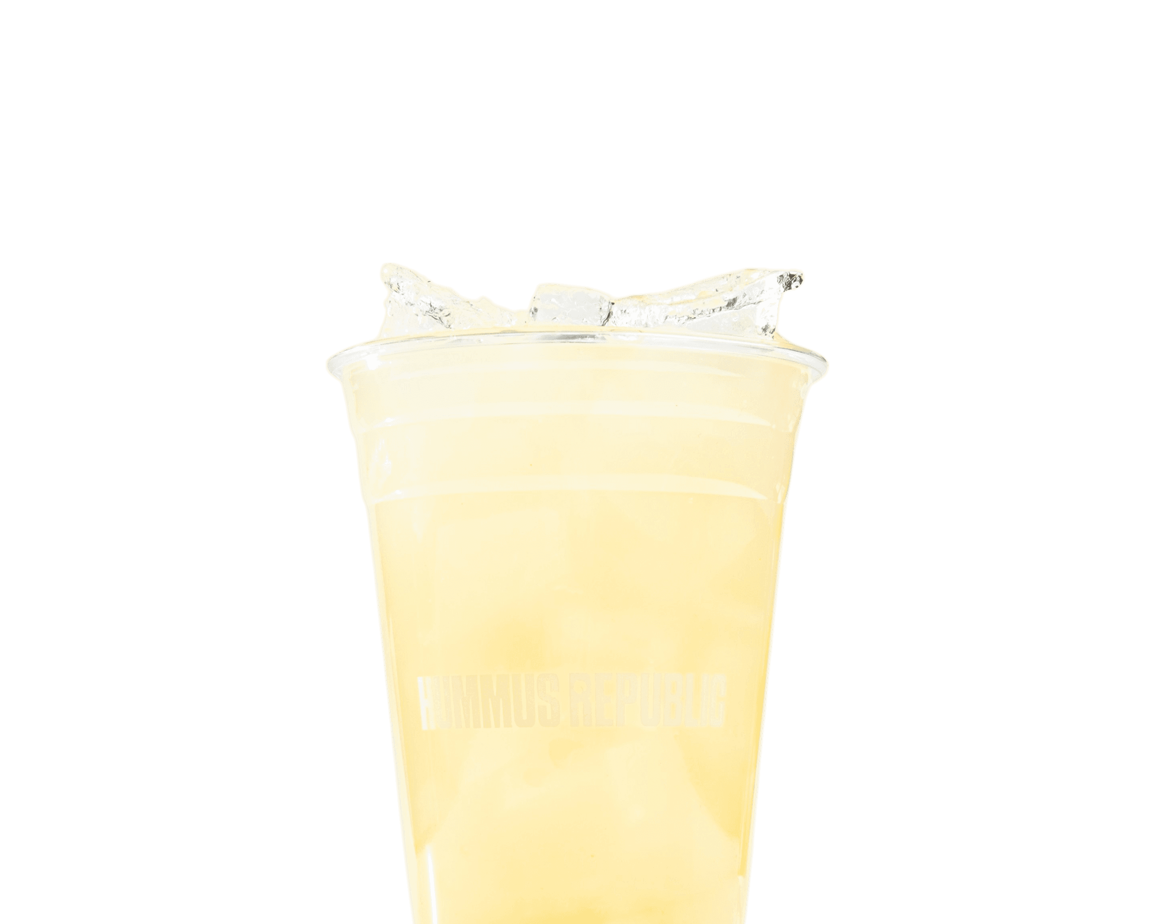 front facing shot of a plastic cup filled with yellow beverage