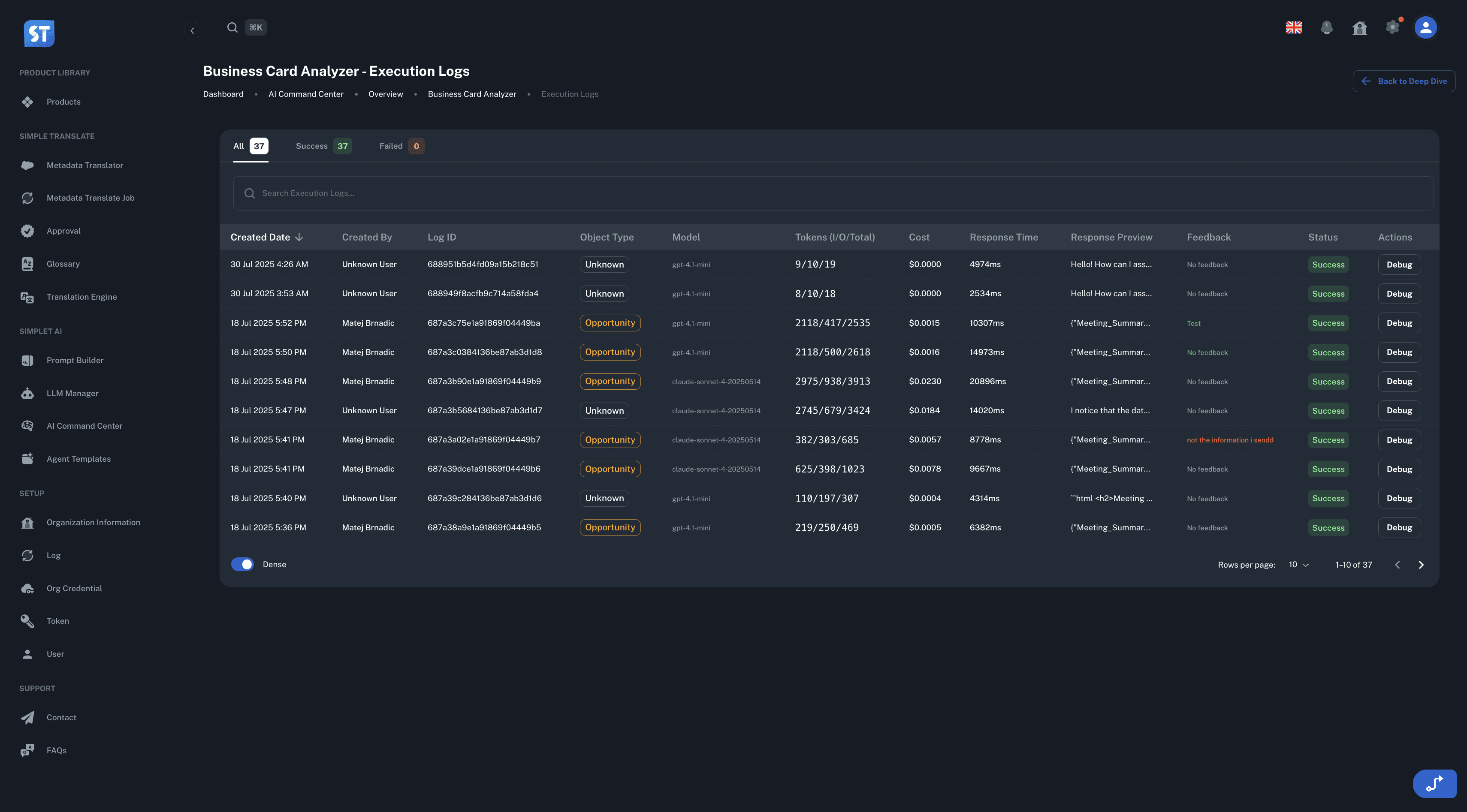AI execution logs interface with advanced filtering, performance metrics, and cost tracking
