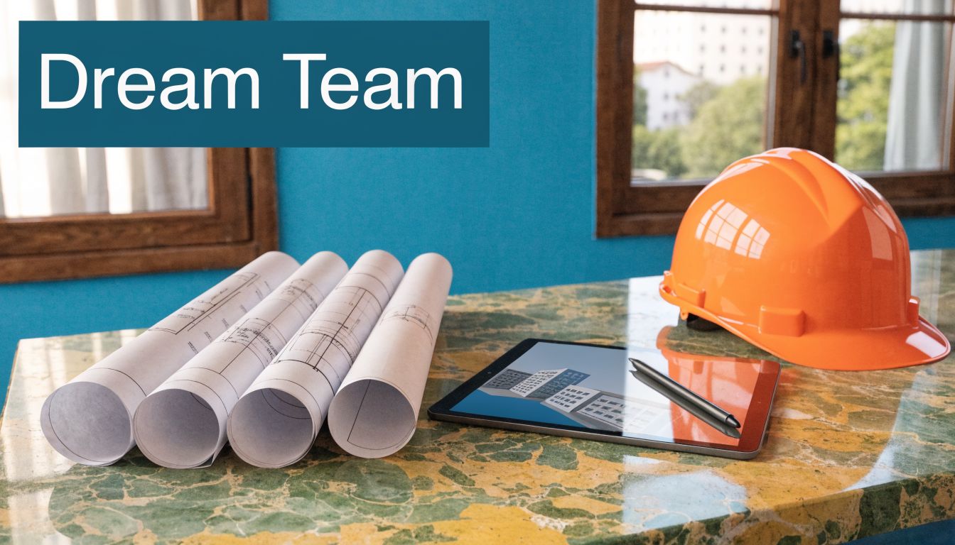 Architectural blueprints and an orange hard hat resting on a desk next to a digital tablet