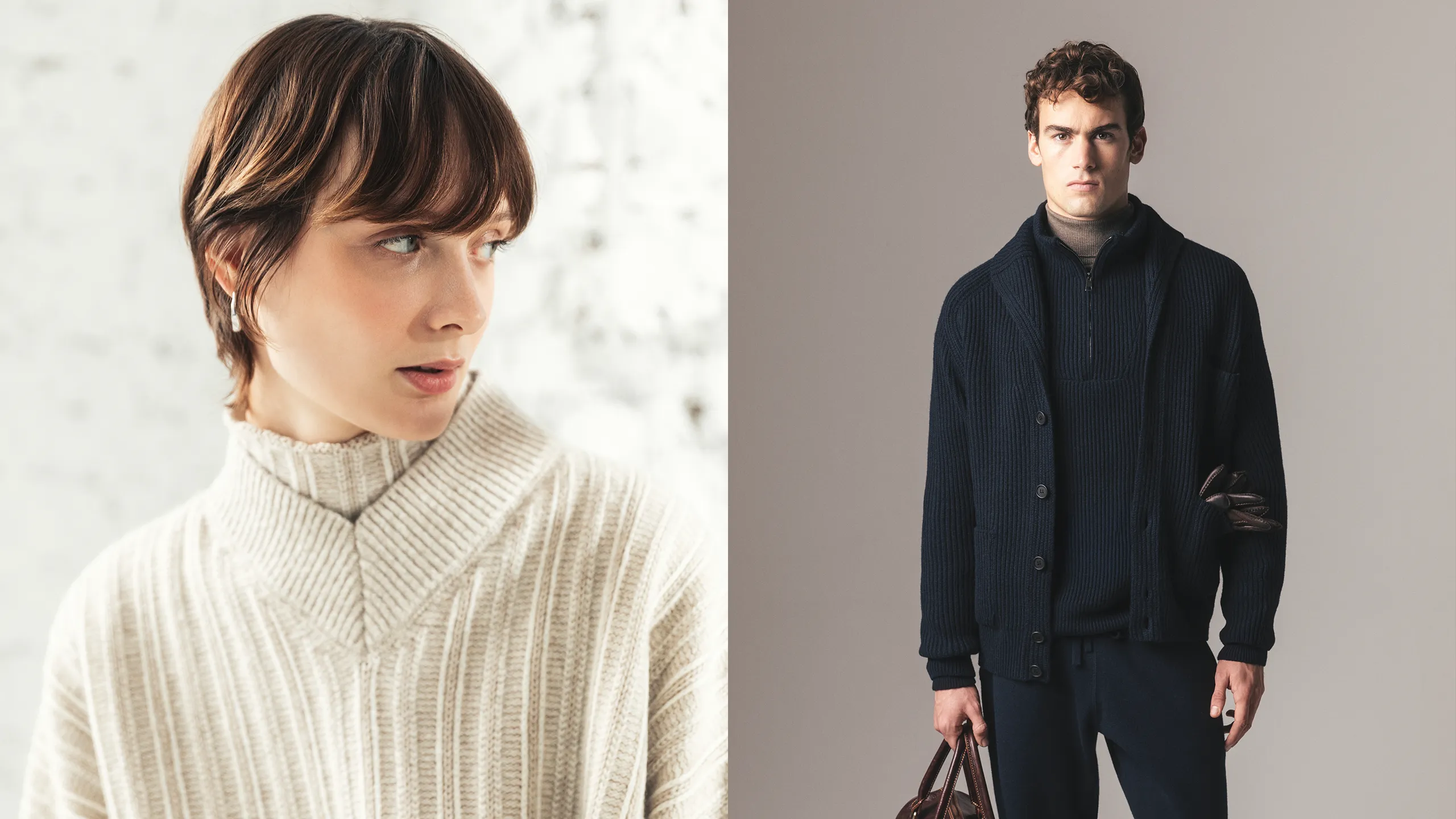 Aida Barni cashmere knitwear – woman in cream ribbed sweater and man in navy cardigan, Made in Italy.