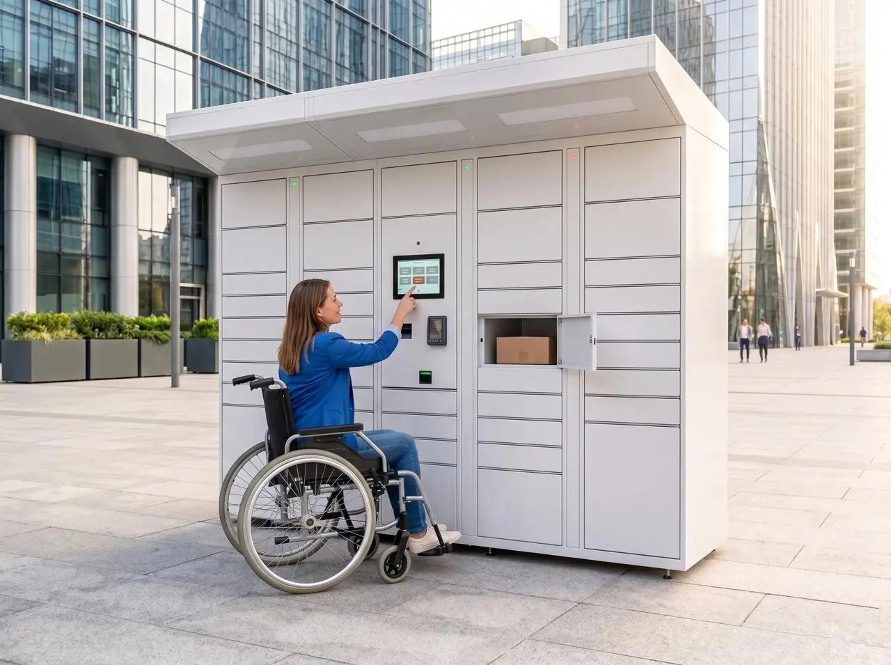 Wheelchair user accessing EAA-compliant Parcel Hive locker with accessible touchscreen in public space