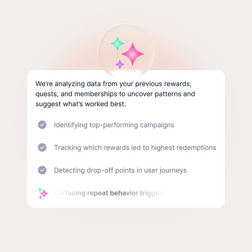 Checklist showing campaign analysis tasks like identifying top performers, tracking reward redemptions, and detecting drop-off points, representing Quboid’s continuous learning engine.