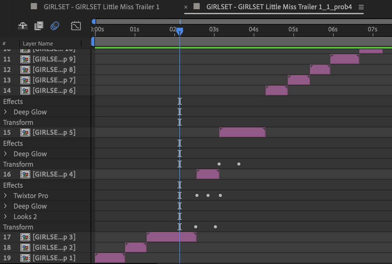 After Effects timeline showing velocity edits and effects for GIRLSET trailer.