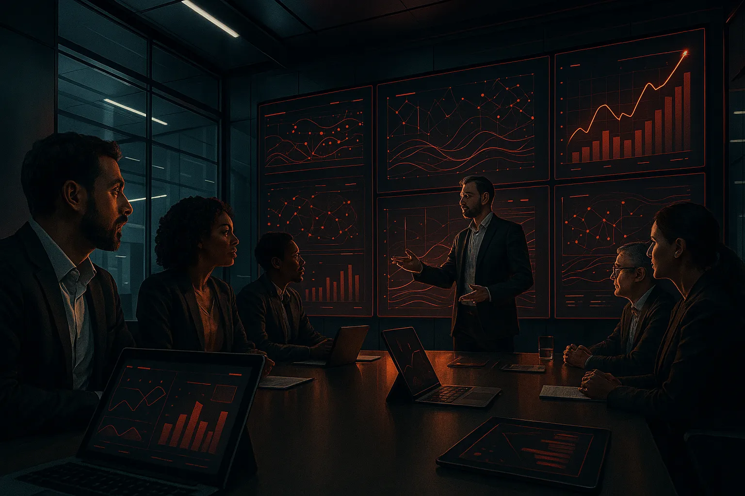 Meeting at RockN' Socials, a Digital Marketing Agency, with data displays.