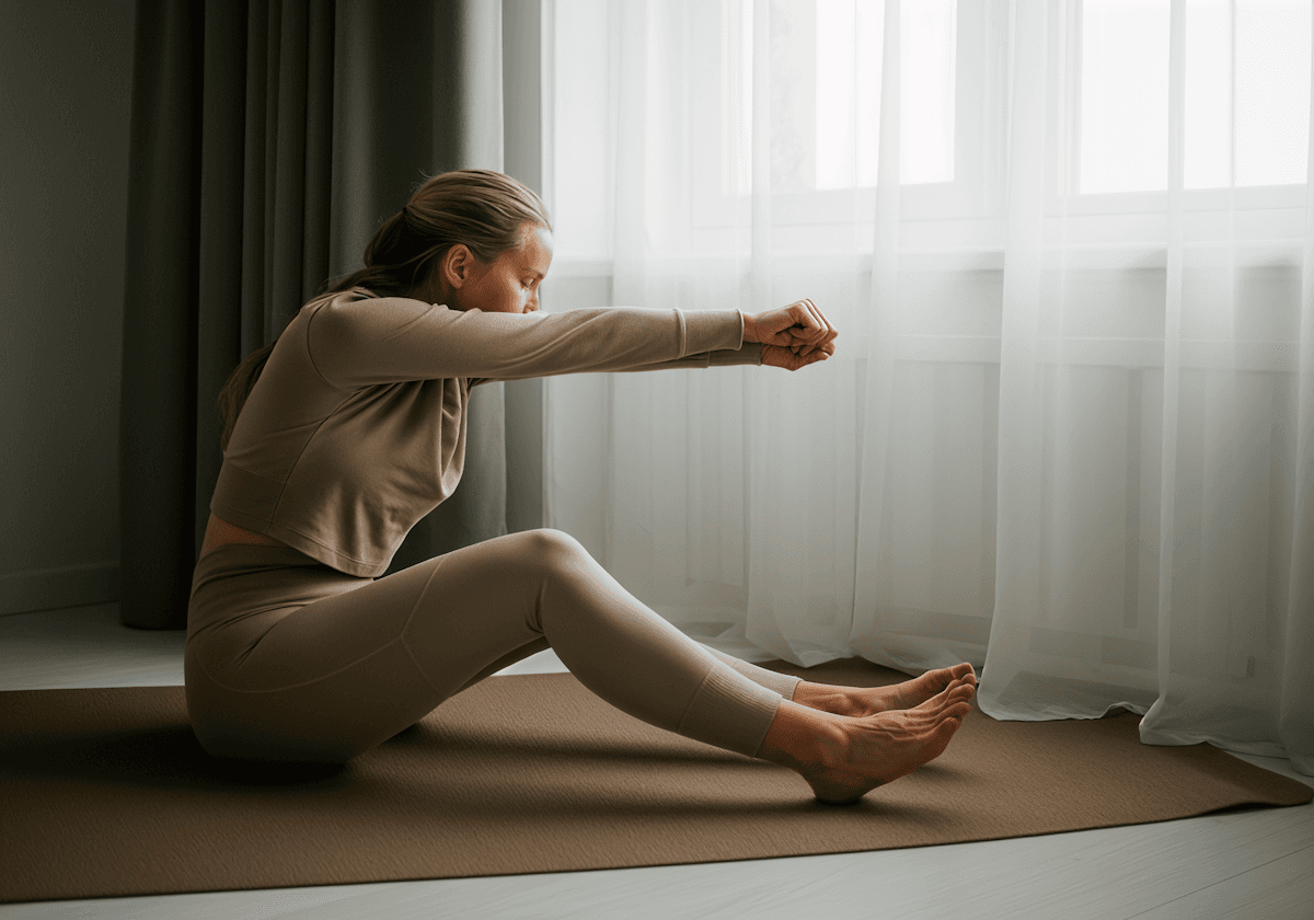 A woman in beige activewear performs a seated stretch on a yoga mat, with soft natural light filtering through sheer curtains, evoking calm and focus.