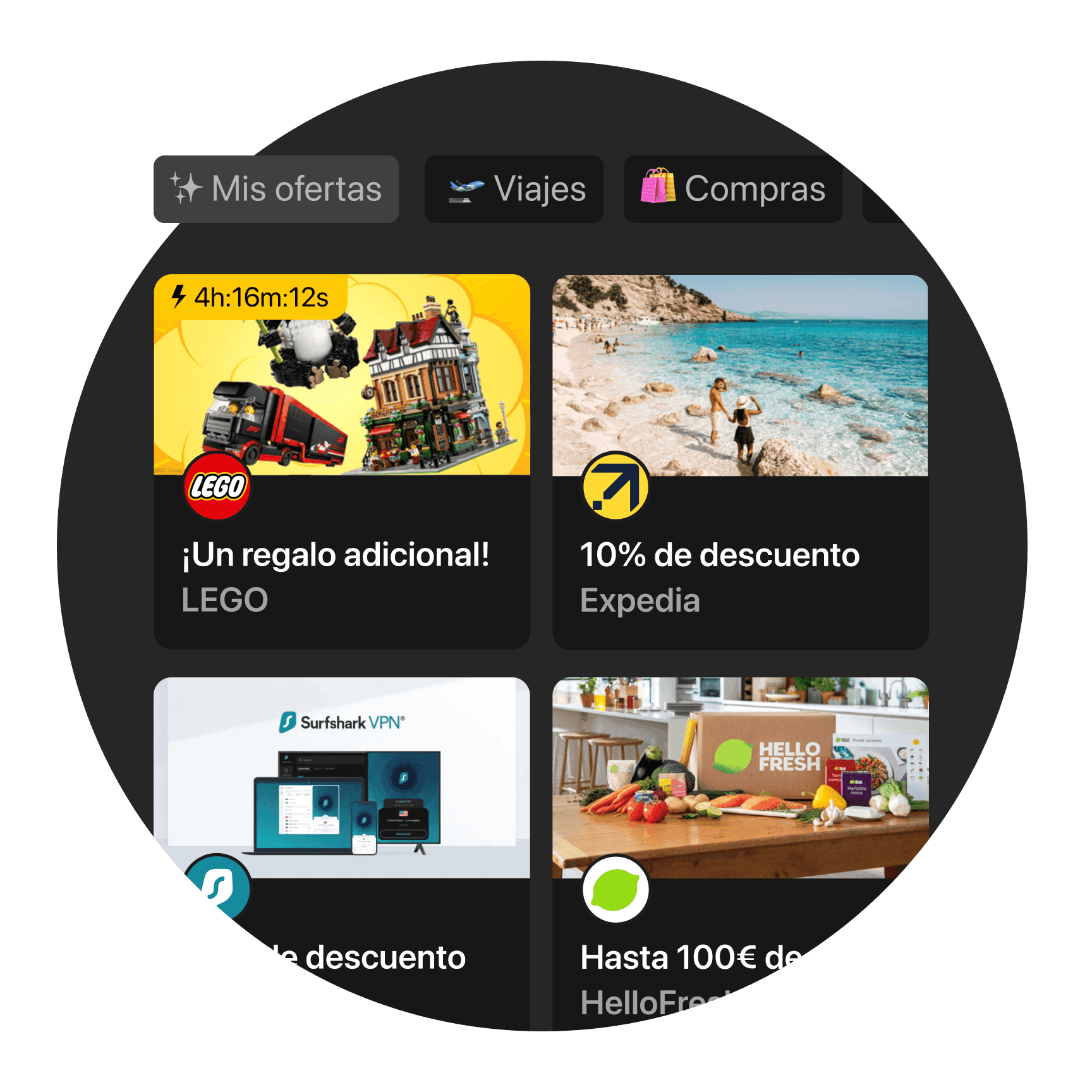 A circular design showcasing various travel and gift options, including scenic beaches and tech products.