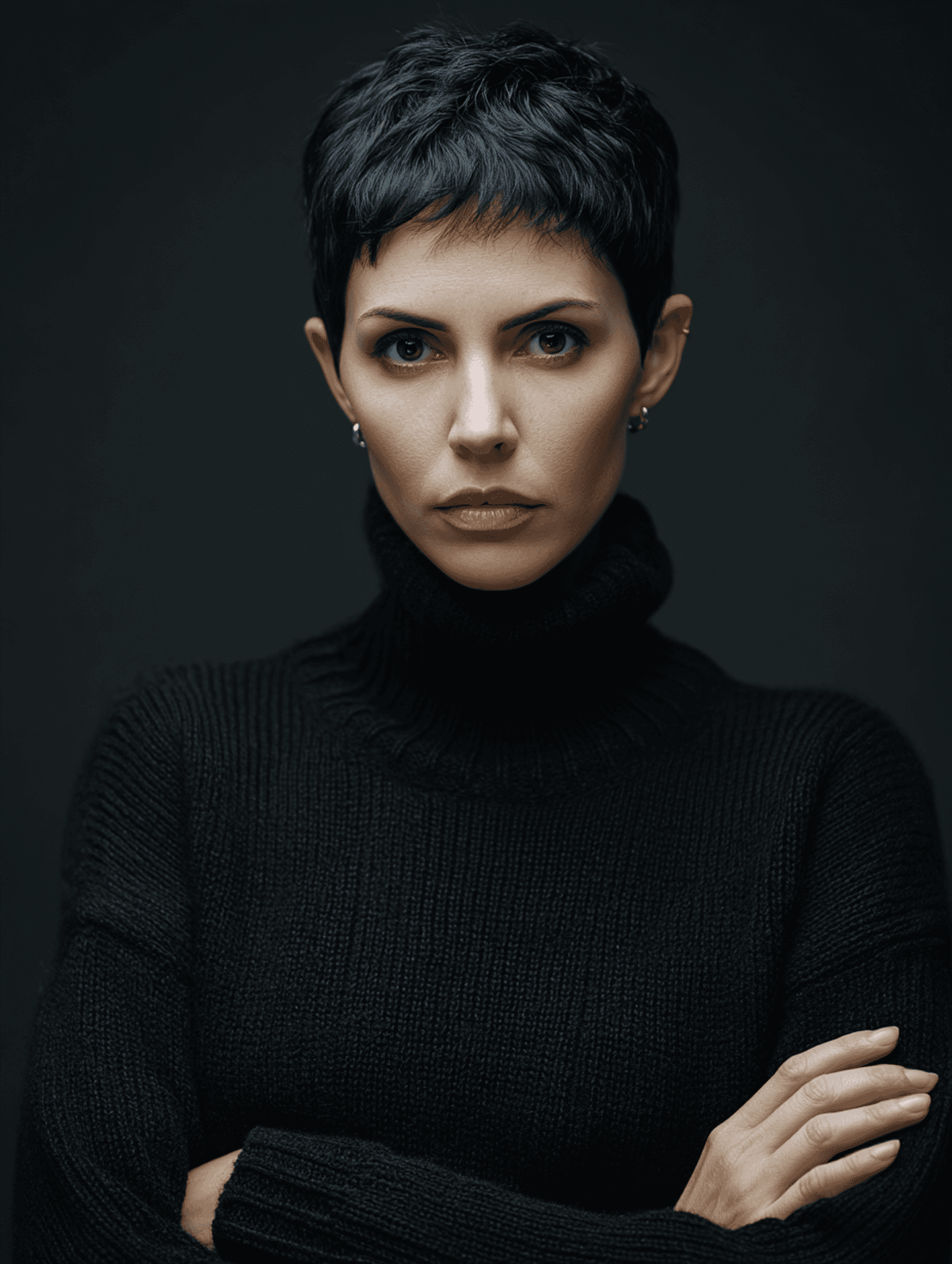 A person with short dark hair wears a black turtleneck, looking directly and confidently at the camera against a dark background.