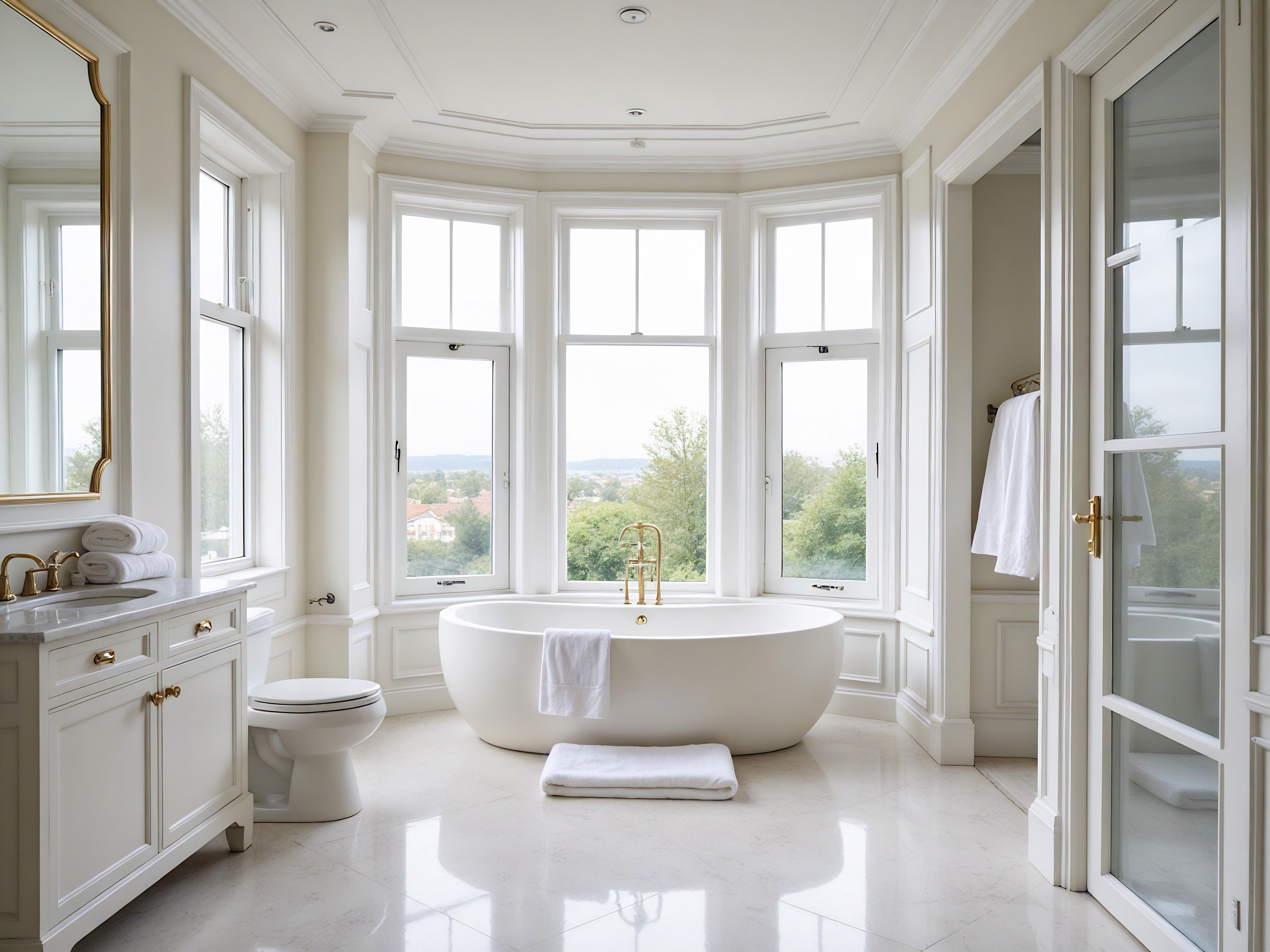 A classic and elegant bedroom with off-white walls features decorative grey raised panels and intricate ceiling moldings. In the left corner, an off-white bedside table with a curved top and three grey drawers with gold-colored handles sits, holding a large grey vase-style lamp with an off-white shade and a glass vase with small stems of tiny buds. In front of the curved, raised wall panel to the right is an off-white double-sized winged upholstered bed with light-colored bedding and beige cushions. At the foot of the bed is an ornate gold-colored and off-white upholstered bench.  A large square-shaped grey rug sits under the bed. In the far wall, between a raised panel on the left and a large, mullioned window is a white wooden door with two panels and round, gold-colored handles. To the right of the window, against the wall, is a large dark-grey vase with a healthy green plant. Sunlight streams in through the window, illuminating the room.