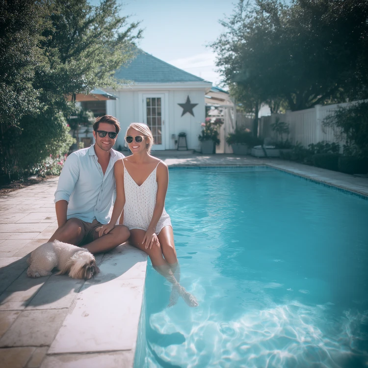 Dallas skyline with Poolside, TX pegasus overlooking clean pool