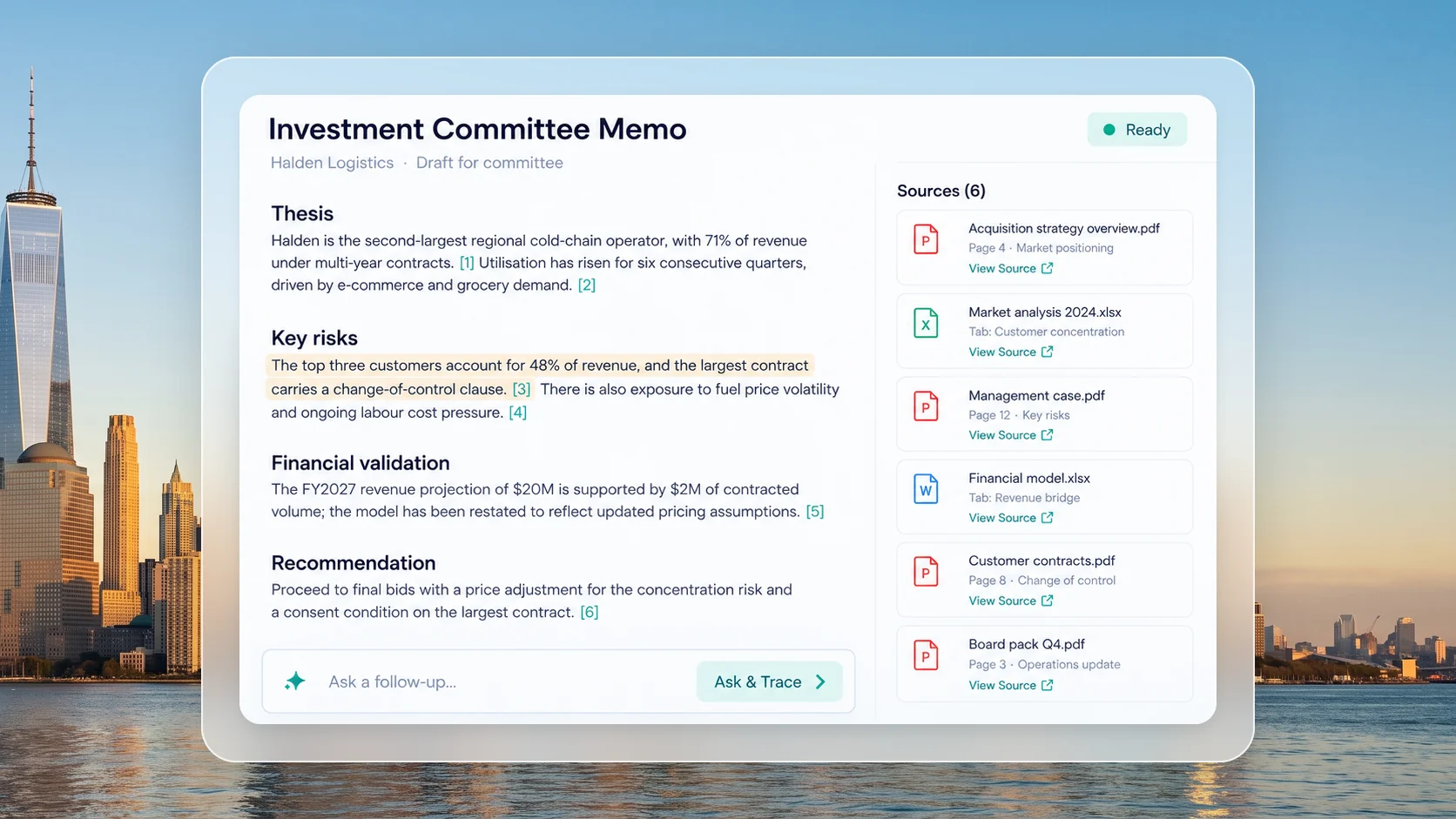 The investment committee memo in AI Due Diligence: thesis, key risks, financial validation and recommendation with numbered citations and a sources rail