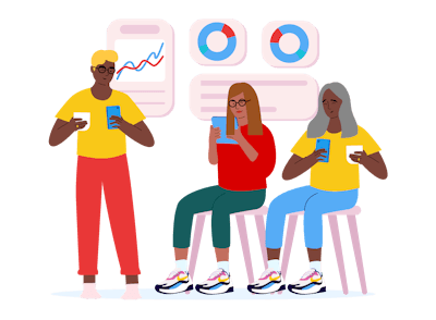 Long-haired person looking at their laptop thoughtfully and different types of datagraphs displayed next to them