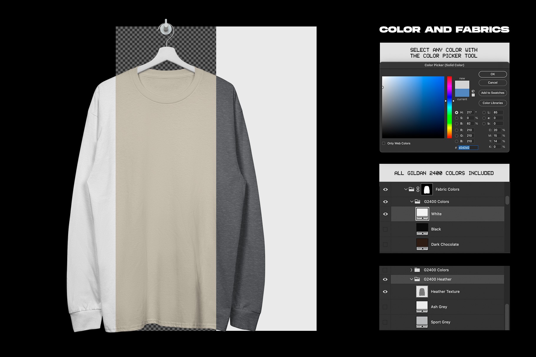Gildan 2400 long sleeve hanging mockup with different hanger display options