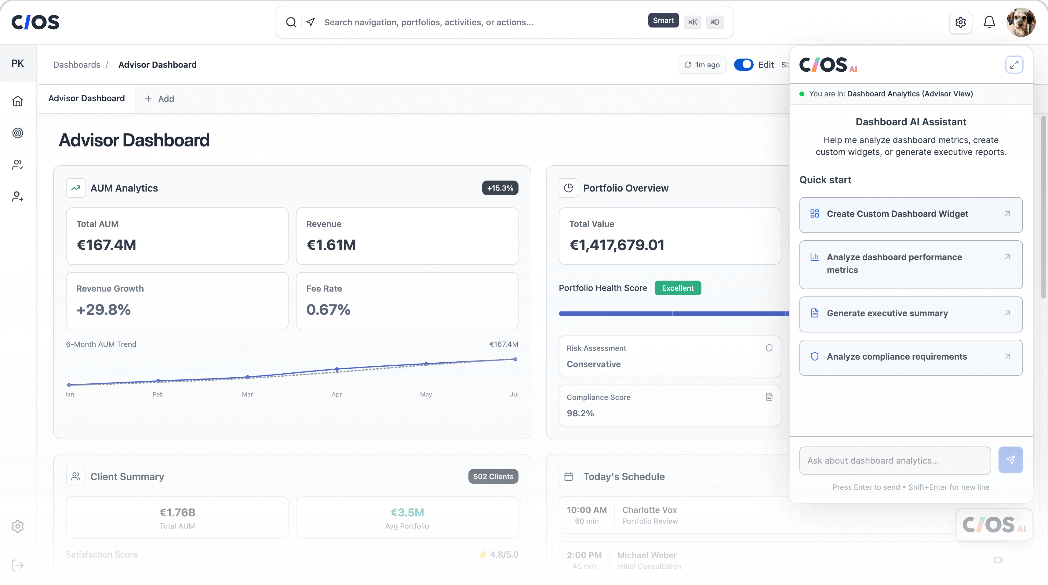 Business dashboard showing revenue, deals, customer list, growth chart, and new activity. 
