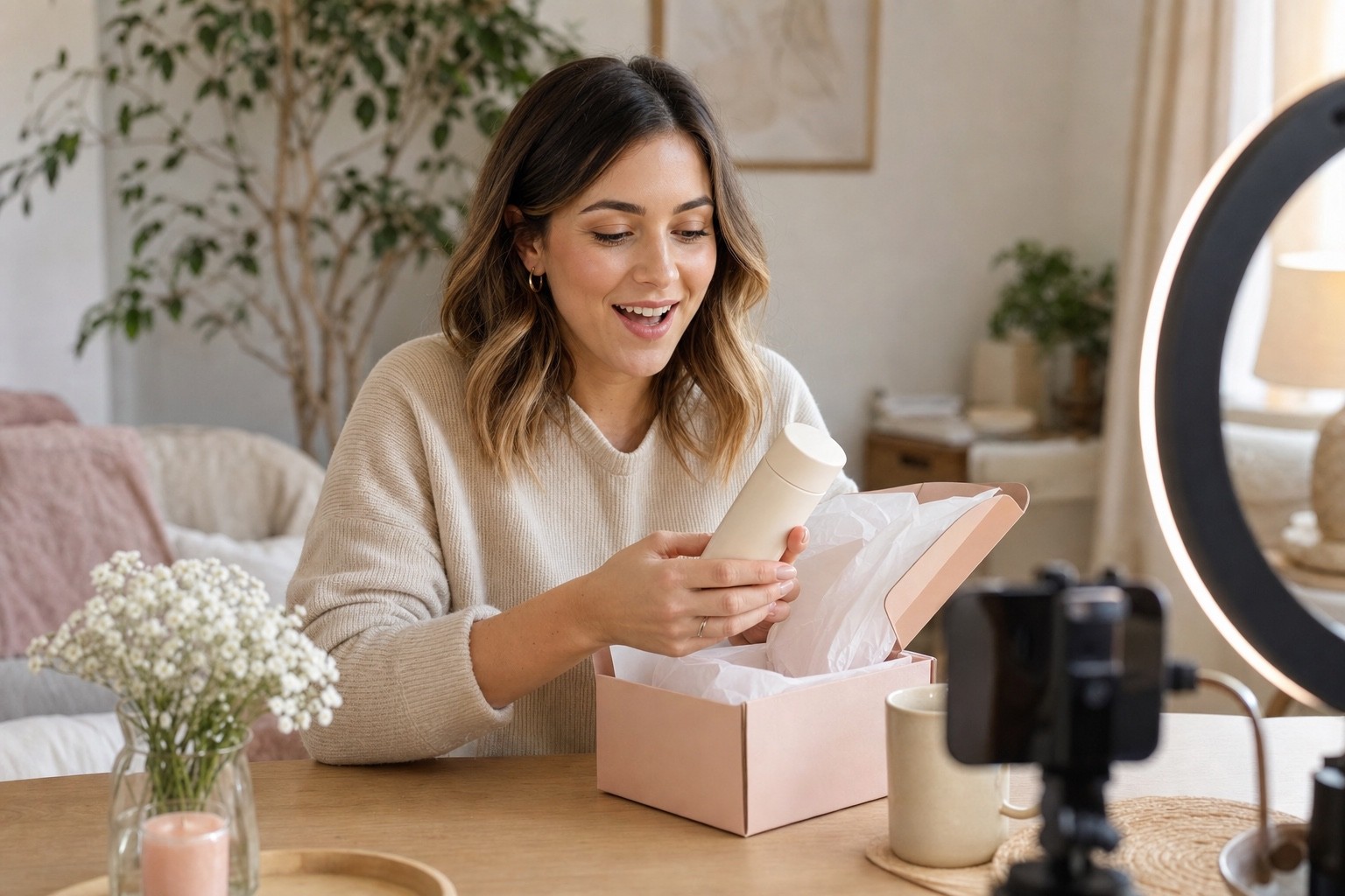 Beauty creator unboxing a PR package on camera with a ring light