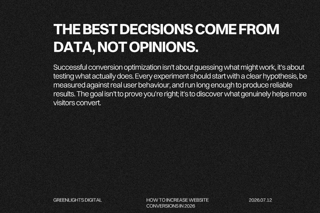 Text graphic explaining how data-driven CRO testing, analytics and A/B testing help increase website conversions through evidence-based decisions.
