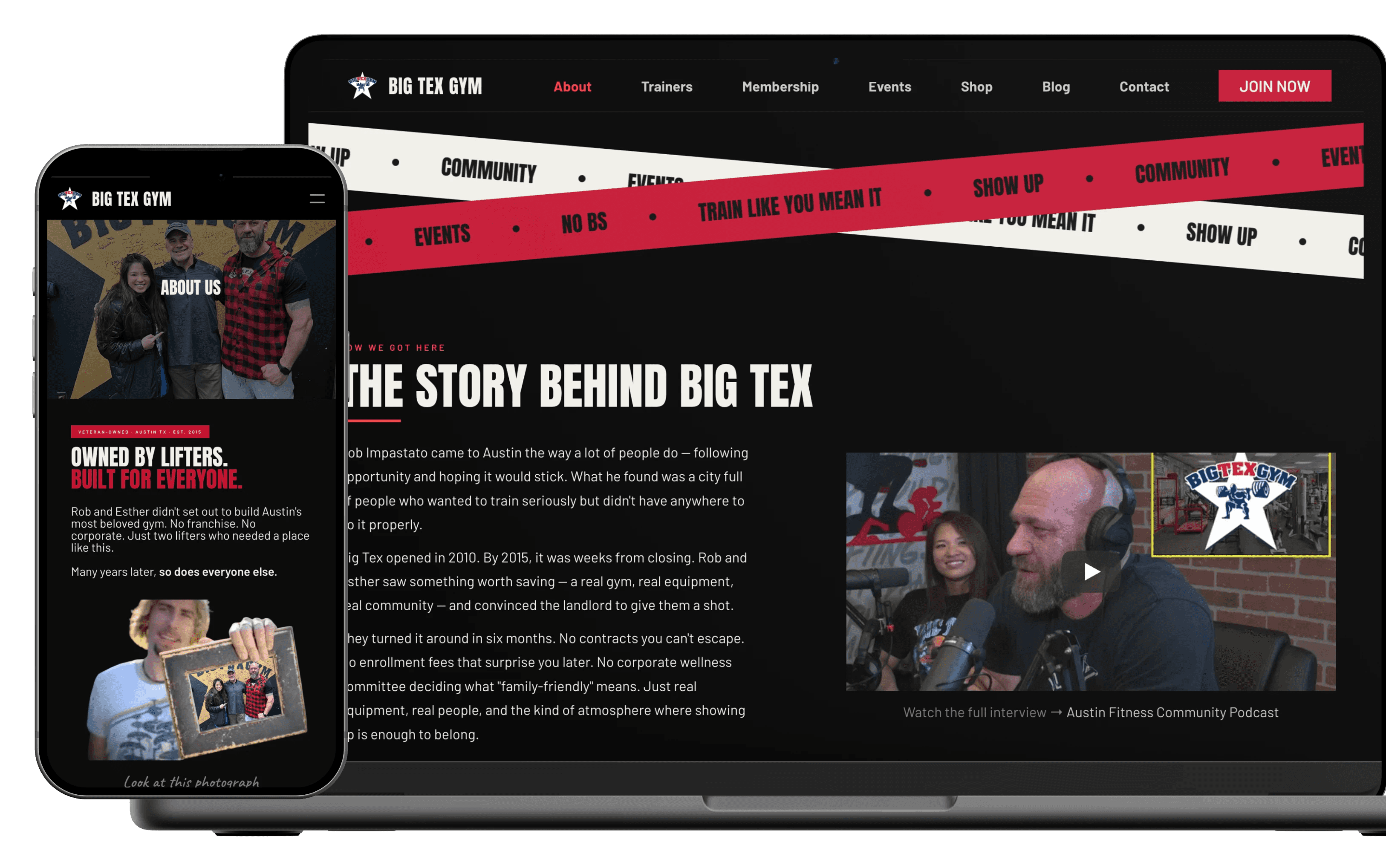 Big tex gym mockups of the About on desktop and mobile
