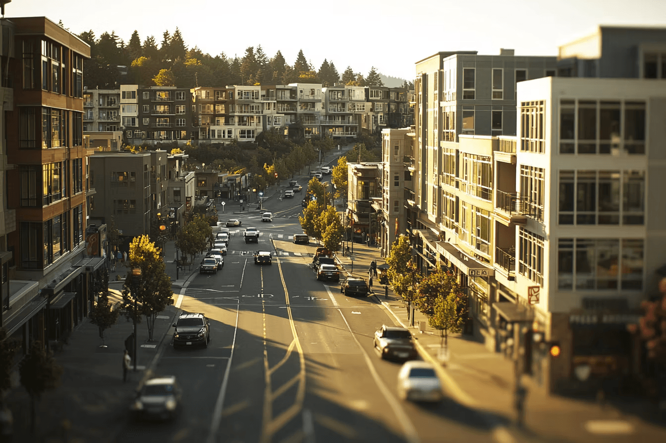 Urban street scene at sunset with cars, pedestrians, and modern buildings. Warm light casts long shadows, creating a peaceful ambiance.