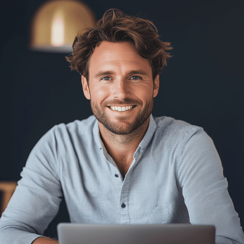 A smiling man with curly hair is sitting at a desk, looking at the camera, with a laptop and a lamp in the background.