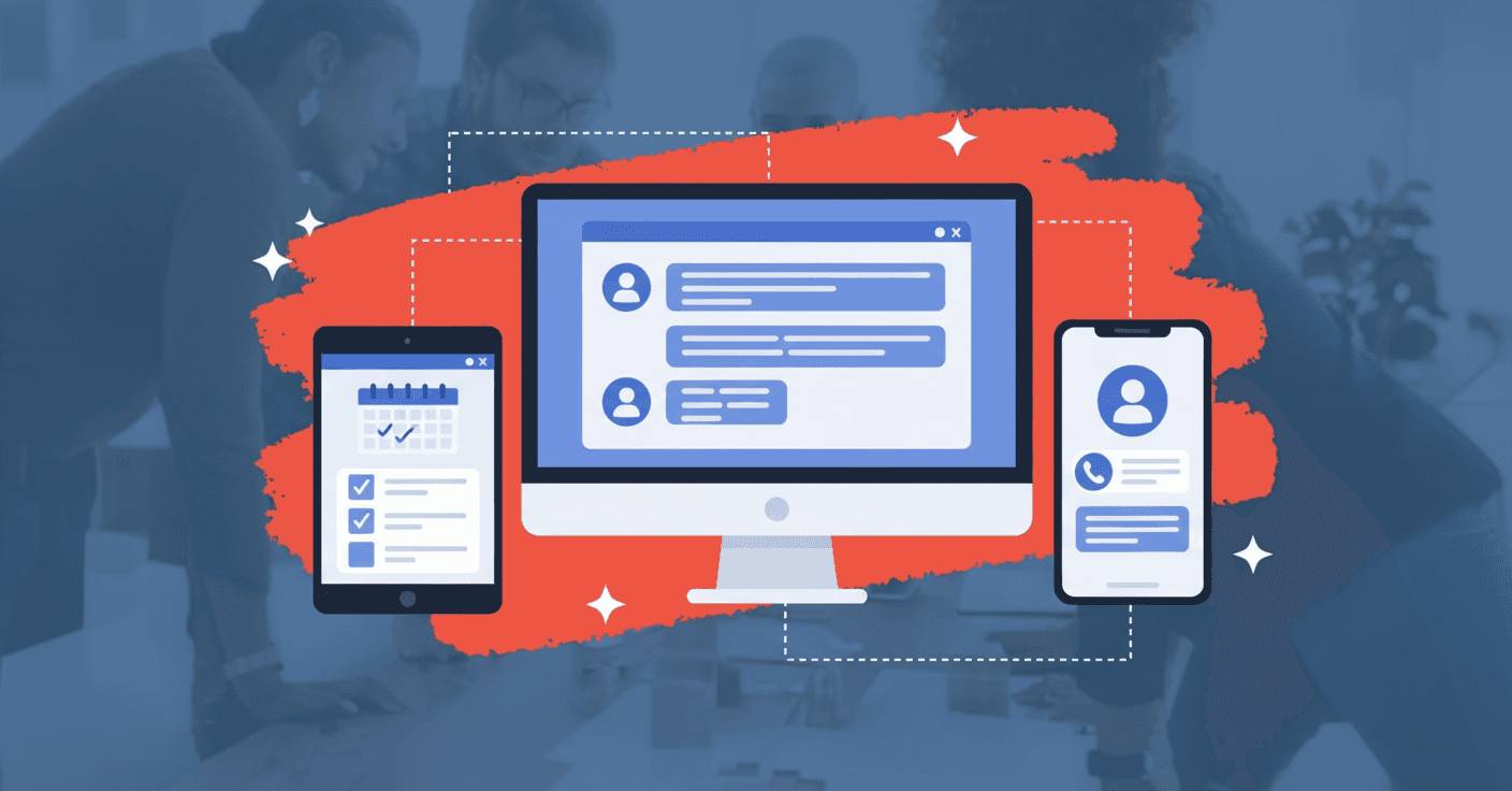 Modern workplace communication interface showing multiple channels of employee collaboration, including messaging platforms, mobile notifications, and team chat interfaces on various devices like smartphones, tablets, and desktop screens. Clean, professional technology workspace with seamless connectivity between different communication tools. Minimalist design with blue and white color scheme, representing integrated digital workflow.