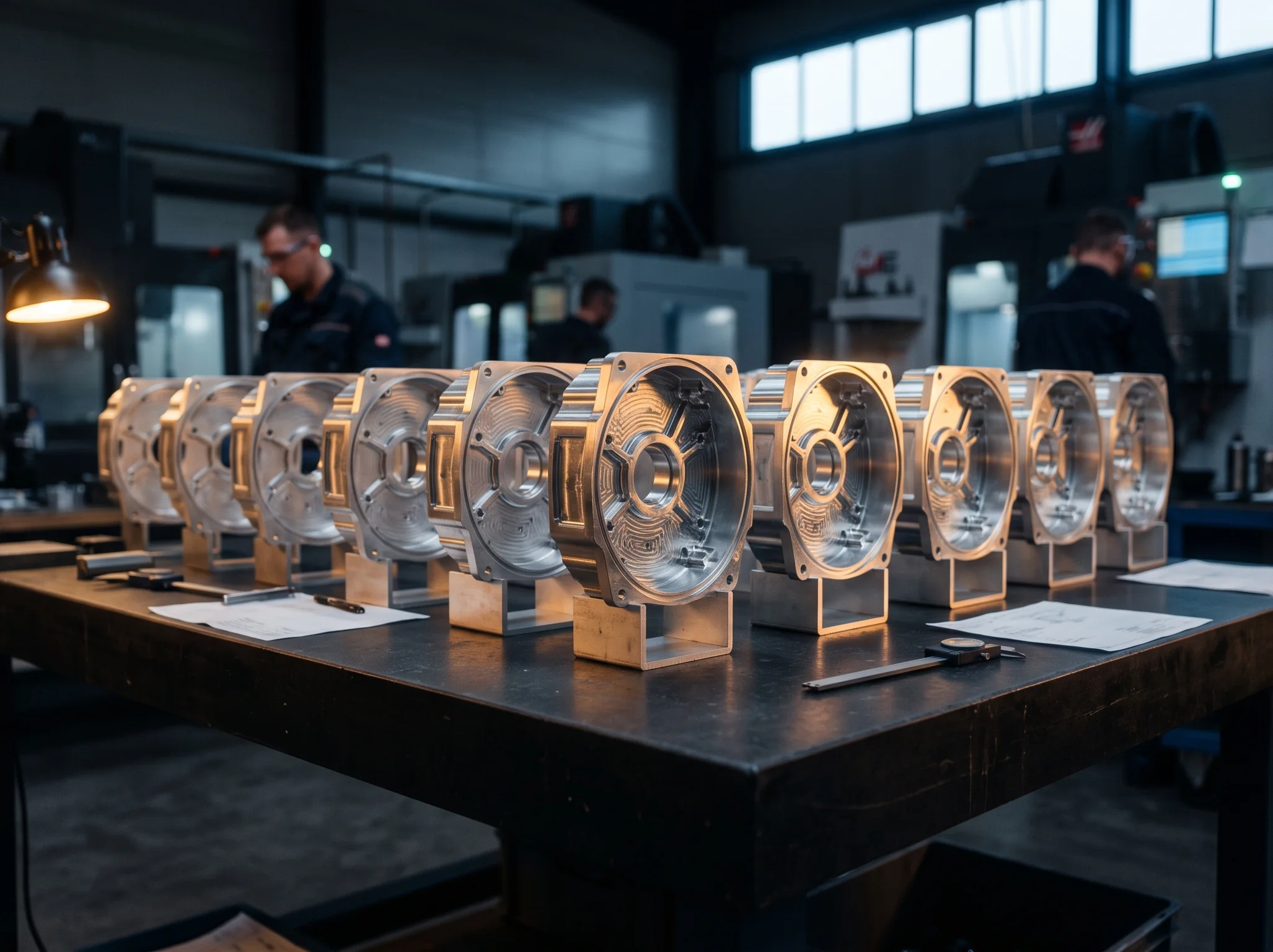 A row of machined aluminium housings on an inspection table