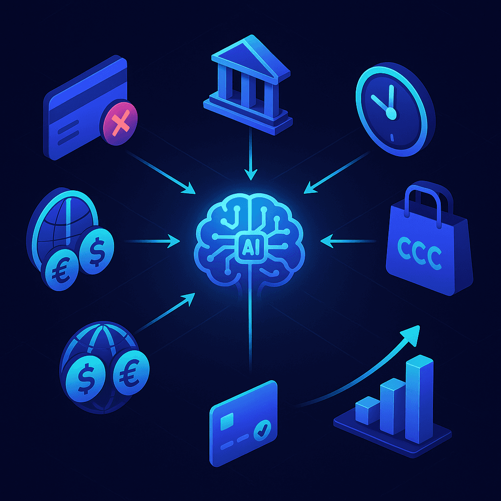 Multiple payment data icons feed into a central AI node that outputs improved approval and growth chart.