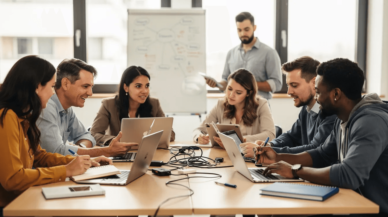 Des apprenants collaborent autour d’ordinateurs et de tablettes lors d'une session de formation interactive, échangeant des idées et utilisant divers outils pour enrichir leur apprentissage. Cette expérience favorise l'engagement et la créativité dans le cadre d'une formation professionnelle.