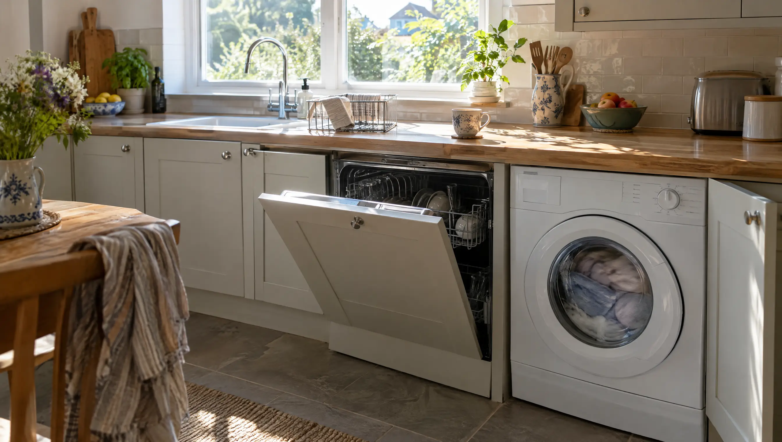 Running the dishwasher and washing machine on a sunny afternoon