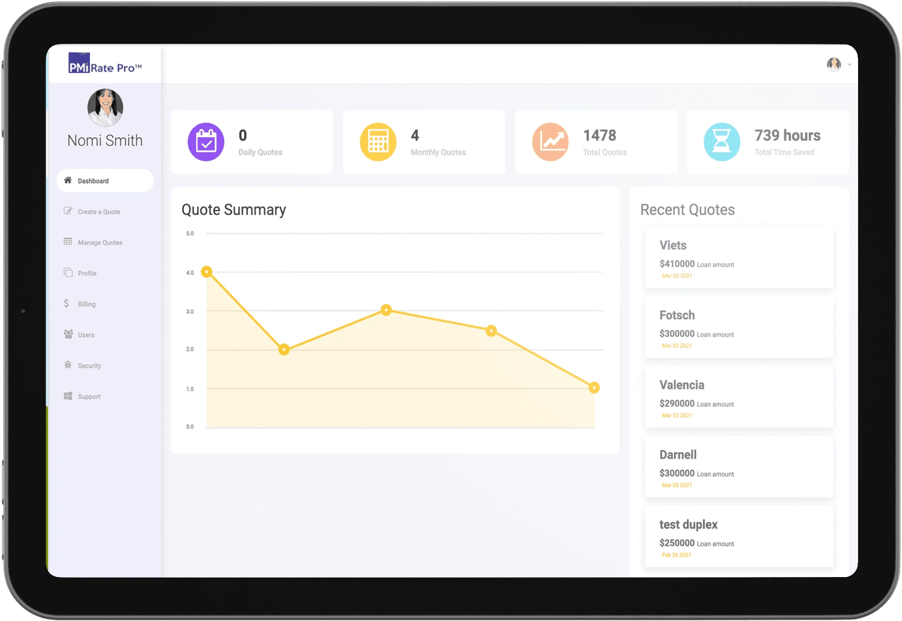 Tablet screen displaying MI qutoes provided by PMI Rate Pro