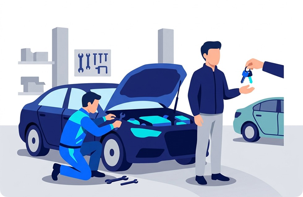 Car pickup from mechanic, receiving keys