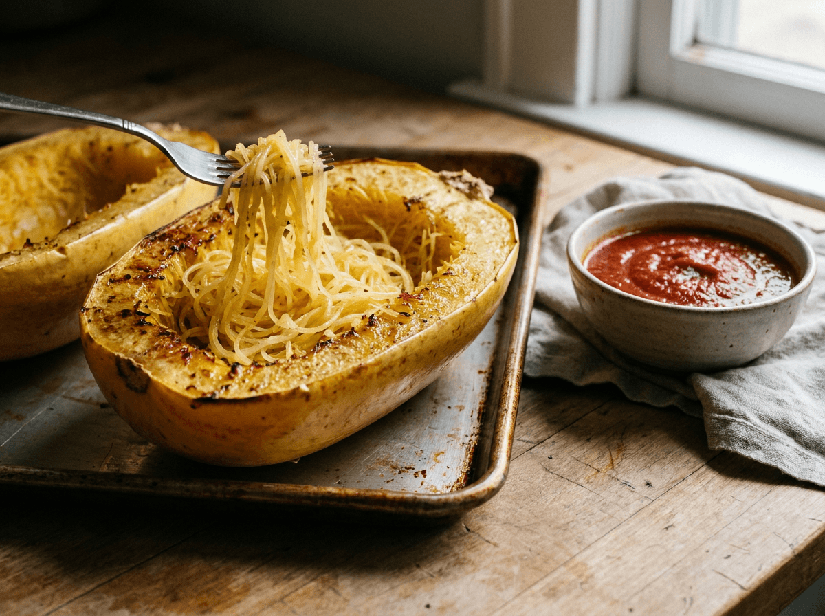 roasted spaghetti squash strands pulled with fork, low carb pasta alternative