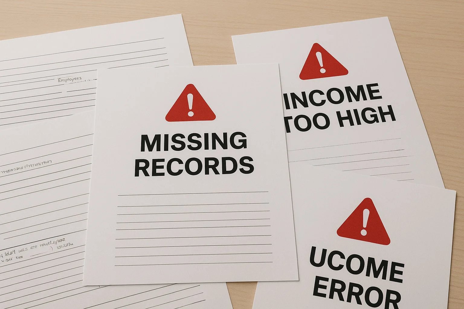 Scattered paperwork with red warning icons highlighting issues like capital gains, missing records, and income too high—representing common QBI errors.