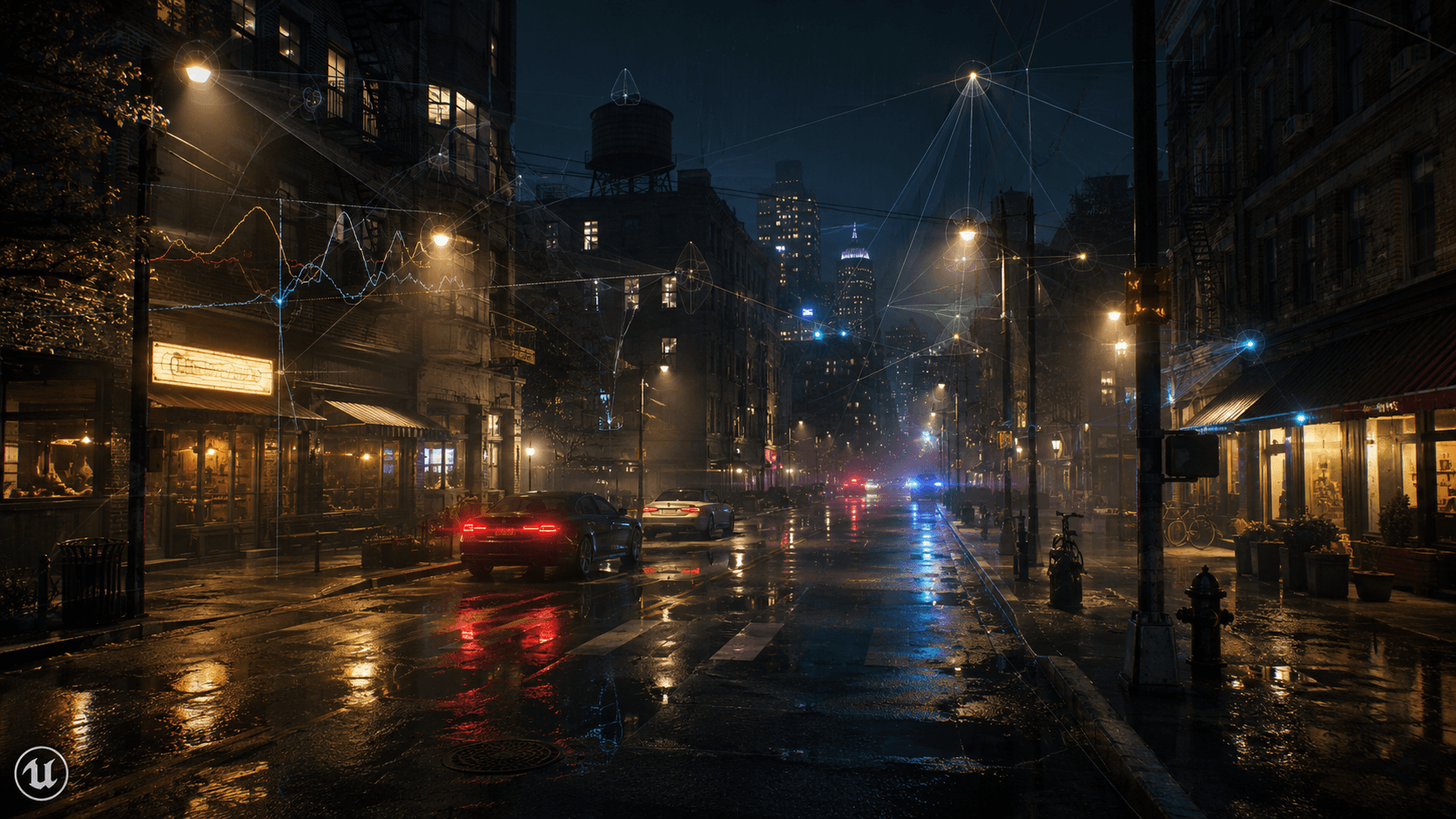 Rainy night city street with many dynamic lights, wet reflections, fog, and performance-style light traces.