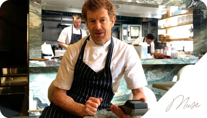 Tom Aikens holding a Labl.it device in Muse