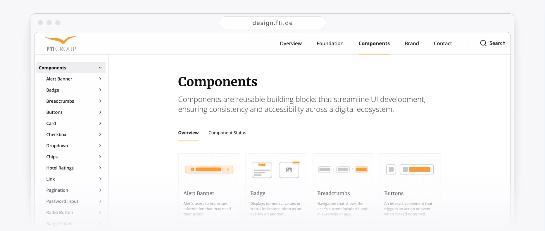 The design system documentation site, showing the components overview