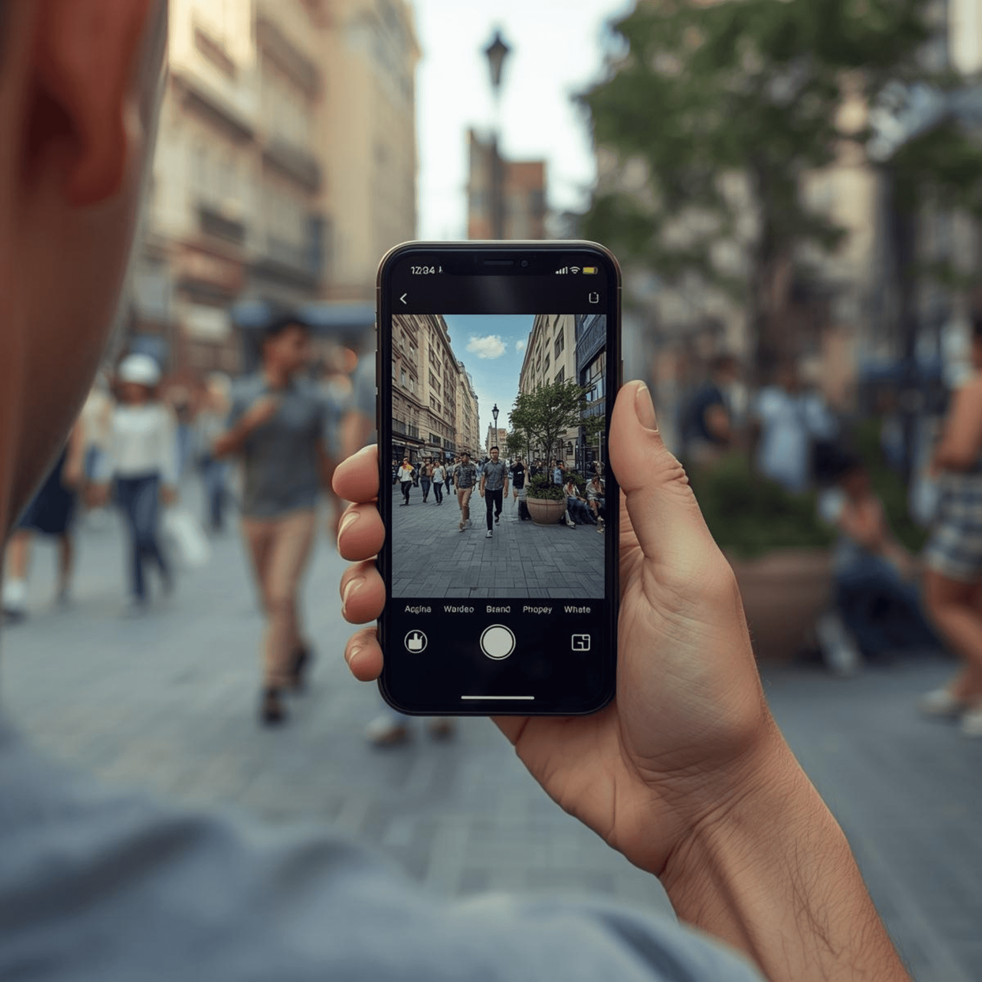 Person holding a smartphone capturing a street scene with people walking and buildings in the background, showcasing urban photography.